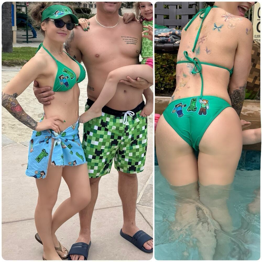 MINECRAFT Green Bikini Skirt Set With Visor Matching Men’s Swim Trunks S/L/XL